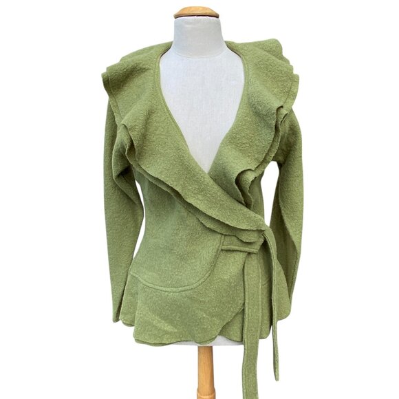 Elena Solano Boiled Wool Ruffle Wrap Jacket Green Cottagecore Artsy Lagenlook-L - Picture 10 of 14